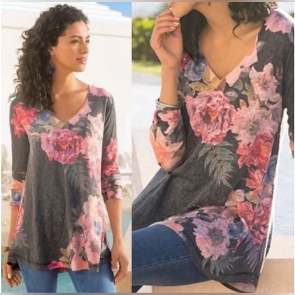 NWT Soft Surroundings Midnight Blooms Gray Floral Sweater - Picture 1 of 4